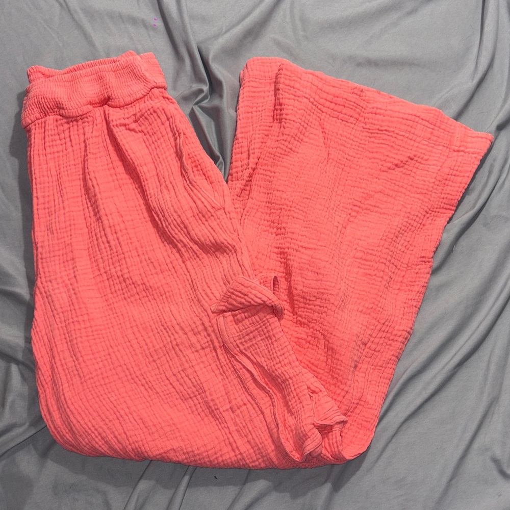 Aerie Coral Textured Wide Leg Pants